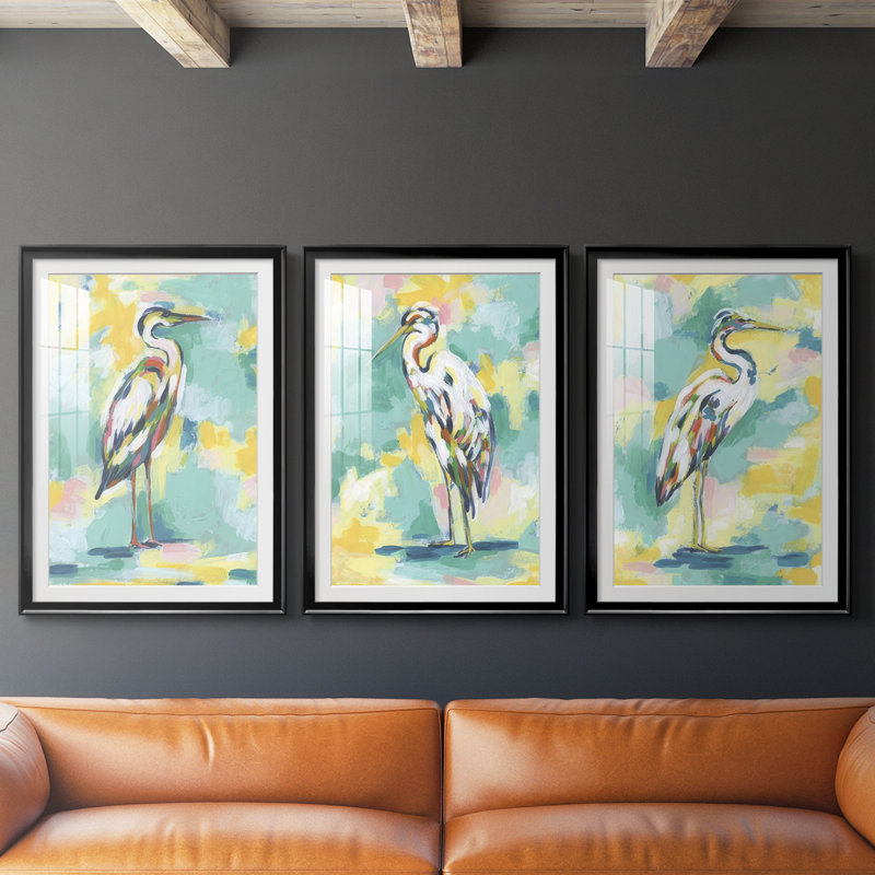 Bright Heron Fresco I - reproduction sur mesure encadrée de qualité supérieure - 3 pièces, H 21 po x l 30 po, Noir