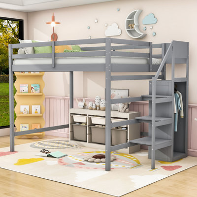 Lit mezzanine double en bois Hrissonka avec garde-robe et garde-corps intégrés