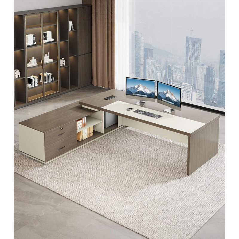 Bureau de direction en forme de L 79 po avec tiroirs, bureau moderne avec DEL et prises de courant, grand bureau de coin