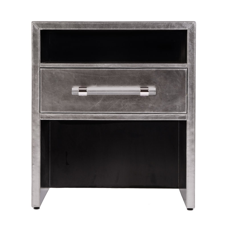 Allman 24 in. W Wood and Leather 1 Drawer Nightstand, Silver