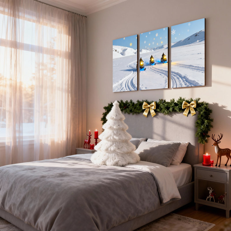 Ensemble de 3 impressions sur toile de Noël en motoneige sur un terrain enneigé avec flocons de neige, H 18 po x l 36 po