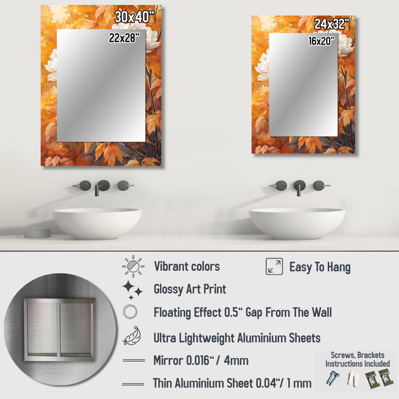 Pivoine par le sapin érable d'automne III - grand miroir de pivoines, décor de miroir mural traditionnel, 32 po x 24 po