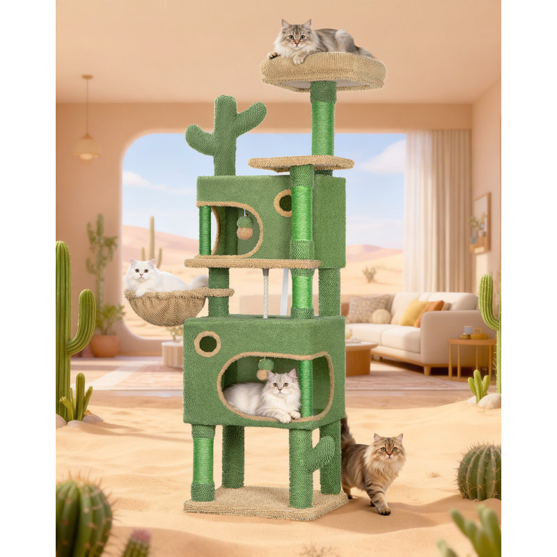 165 cm Cactus Cat Tree, Cat Tower for Indoor Cats, Multi-Level Cats Condo with 6 Scratching Posts, 2 Platforms, 2 Caves, Basket, Pompoms, Sisal Rope, Anti-Tip Kit, Green Brown