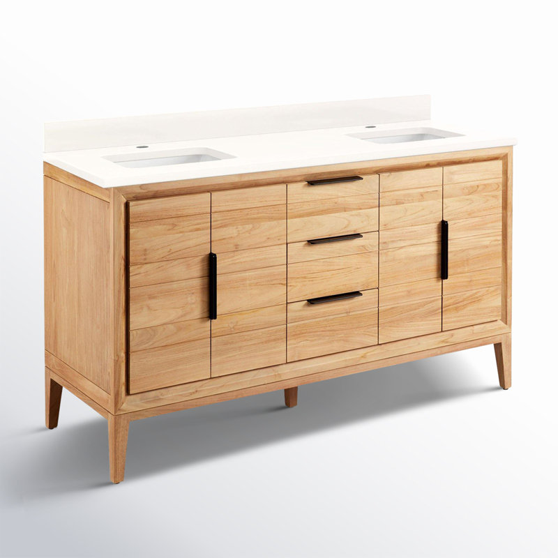 Meuble-lavabo double 60 po Aliso, Quartz blanc arctique, Monocentre centré, Teck naturel