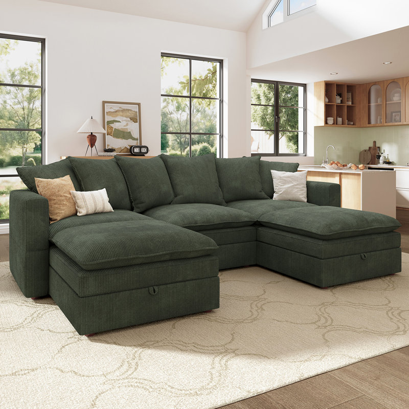 Canapé modulaire en U avec rangement Wynter, Velours côtelé vert