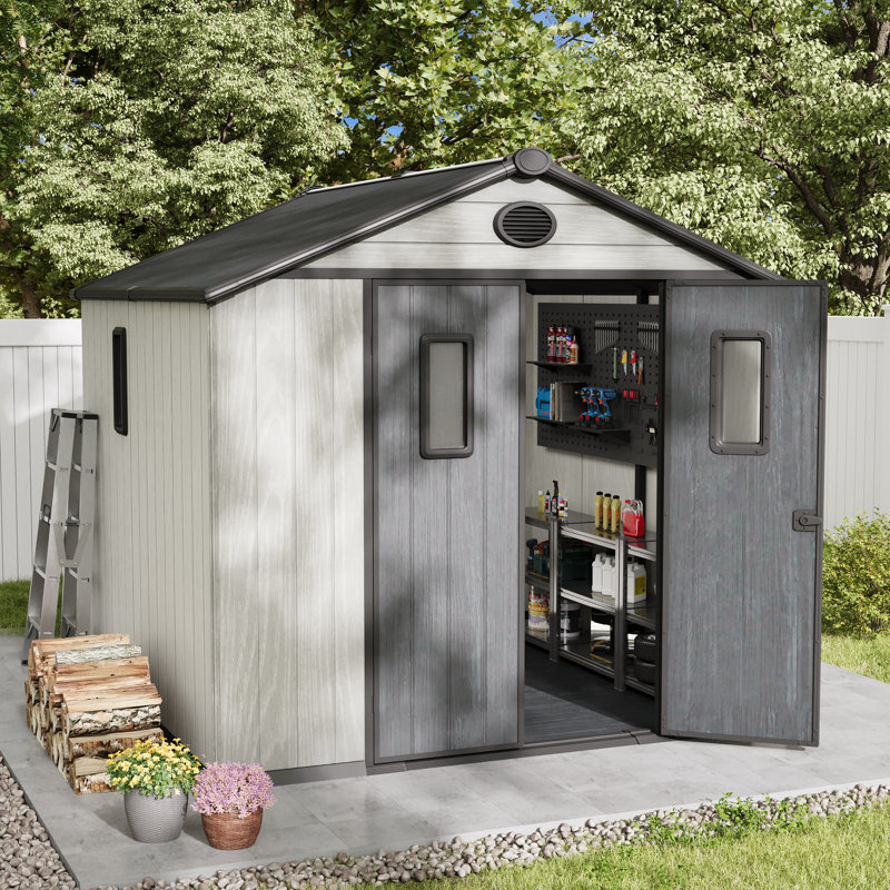 Outdoor Storage Tool Shed With Door And Floor, Plastic Outdoor Storage Shed With Steel Frame, White, White, 8'*8'