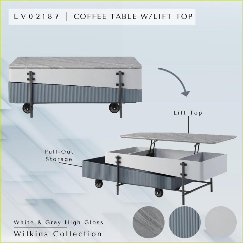 Gris et gris Table basse blanche à plateau relevable ultra-brillant avec rangement caché - Centre de table peu encombrant