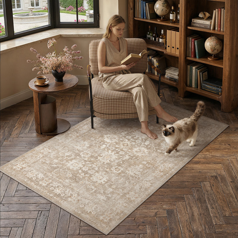 Tapis fleuri Novara, Beige, Rectangle 3'x 5'