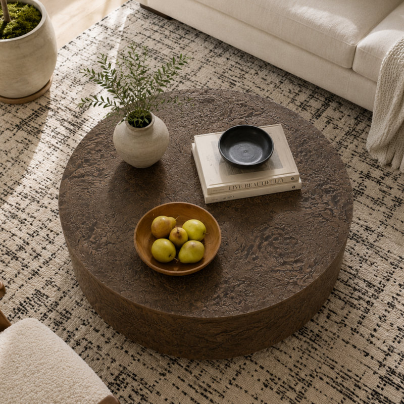 Table basse ronde de 28 po à grain de bois rond, imperméable et ignifuge, Warm Brown Burl