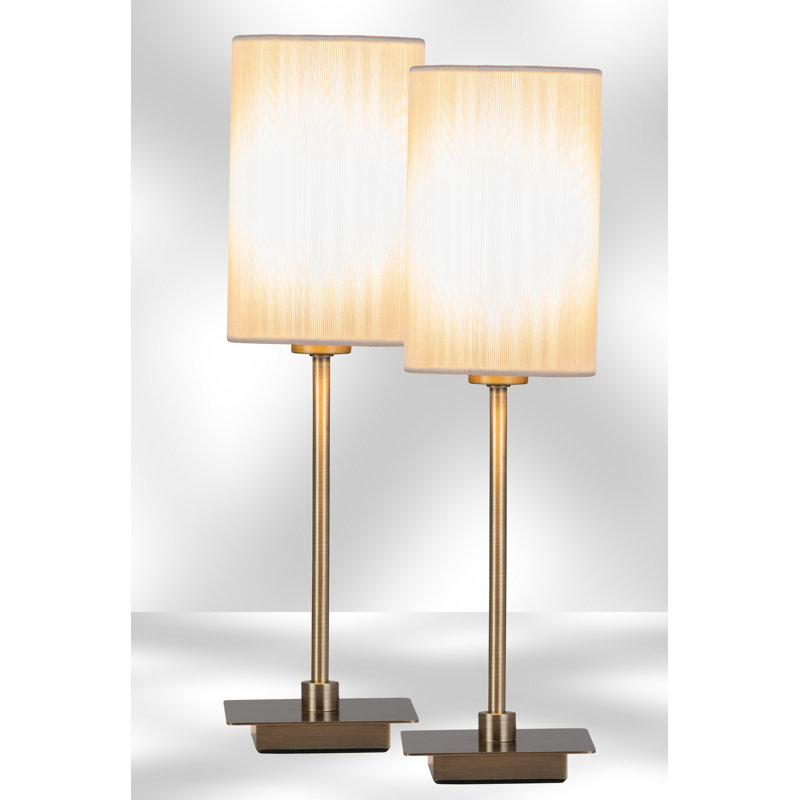 Pair (2x) Square Stick Antique Brass Metal Bedside Table Lamp 