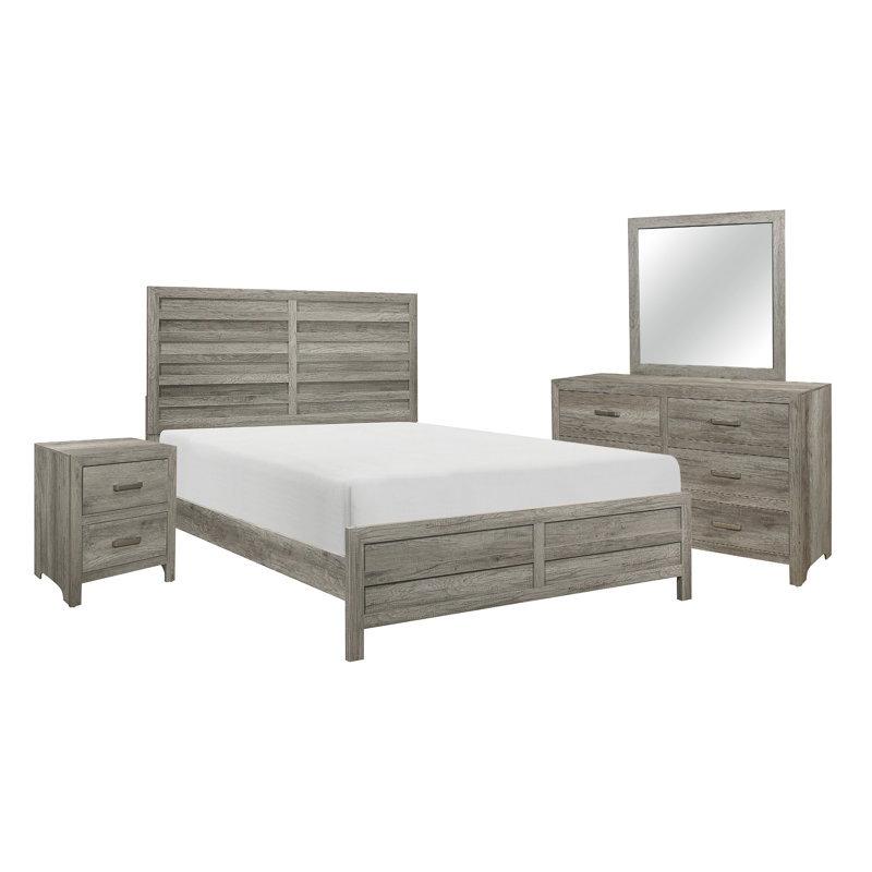 Ensemble de chambre à coucher grand format 4 pièces Kade, panneau à lattes, finition gris patiné