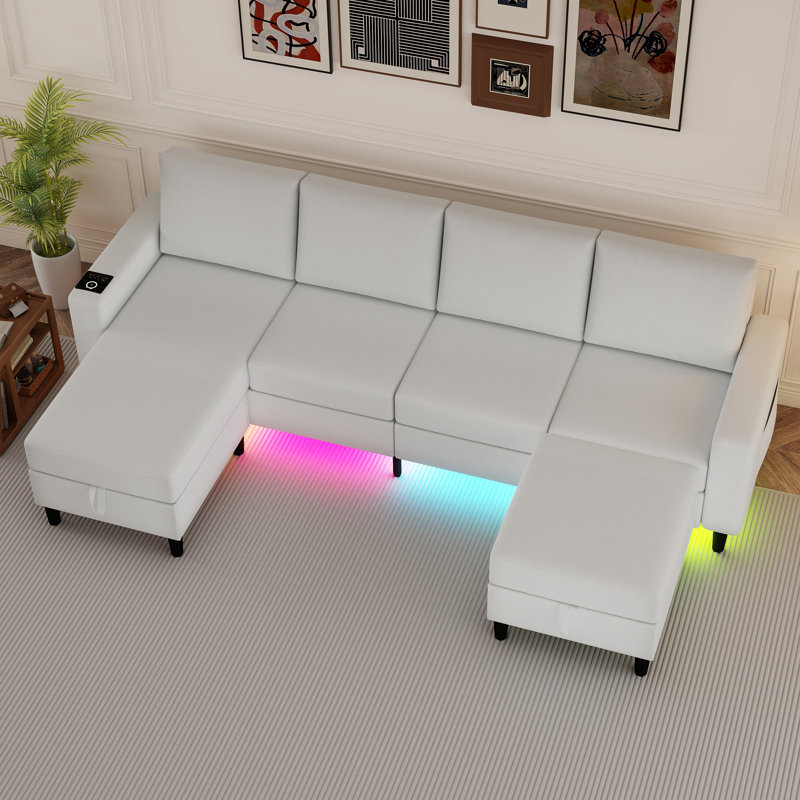 4-seater Linen Sectional Sofa With Smart Module-wireless Charging/usb/type-c/rgb Lights (white), White