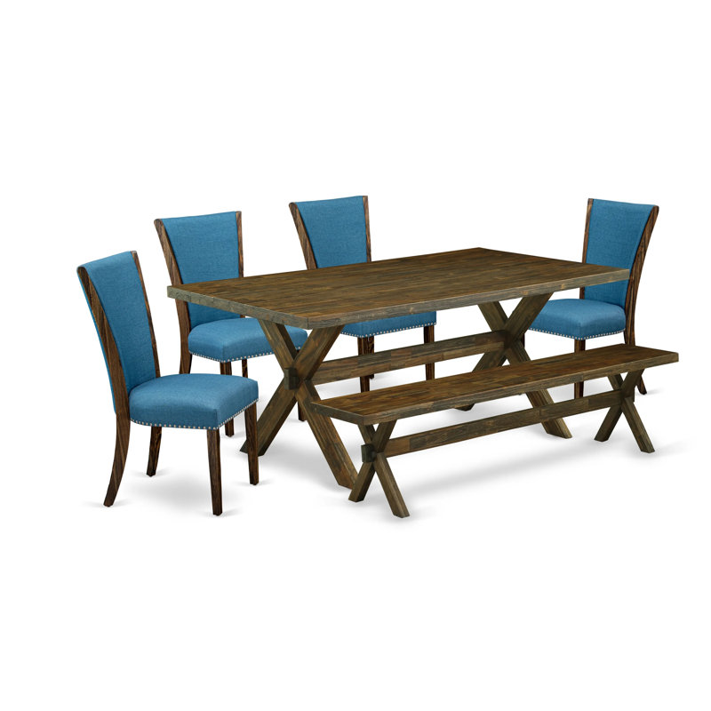 6 Piece Dining Set Contains a Rectangle Dining Room Table with X-Legs and 4 Blue Color Linen Fabric Parson Chairs with a Bench, Distressed Jacobean Finish