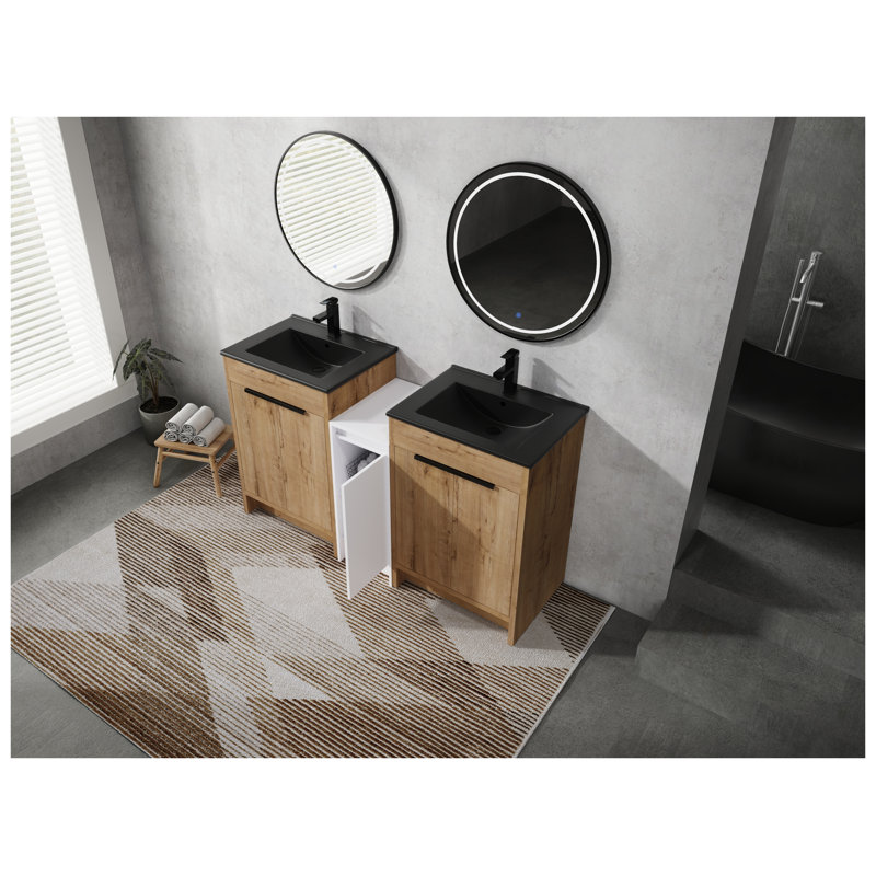 Meuble-lavabo autoportant de 60 po avec lavabo en céramique noire, finition blanc lustré et imitation chêne, 60", Black