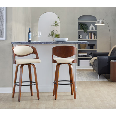 Phoebe 30" Fixed-Height Bar Stools with Bent Wood Legs & Round Footrest (Set of 2)
