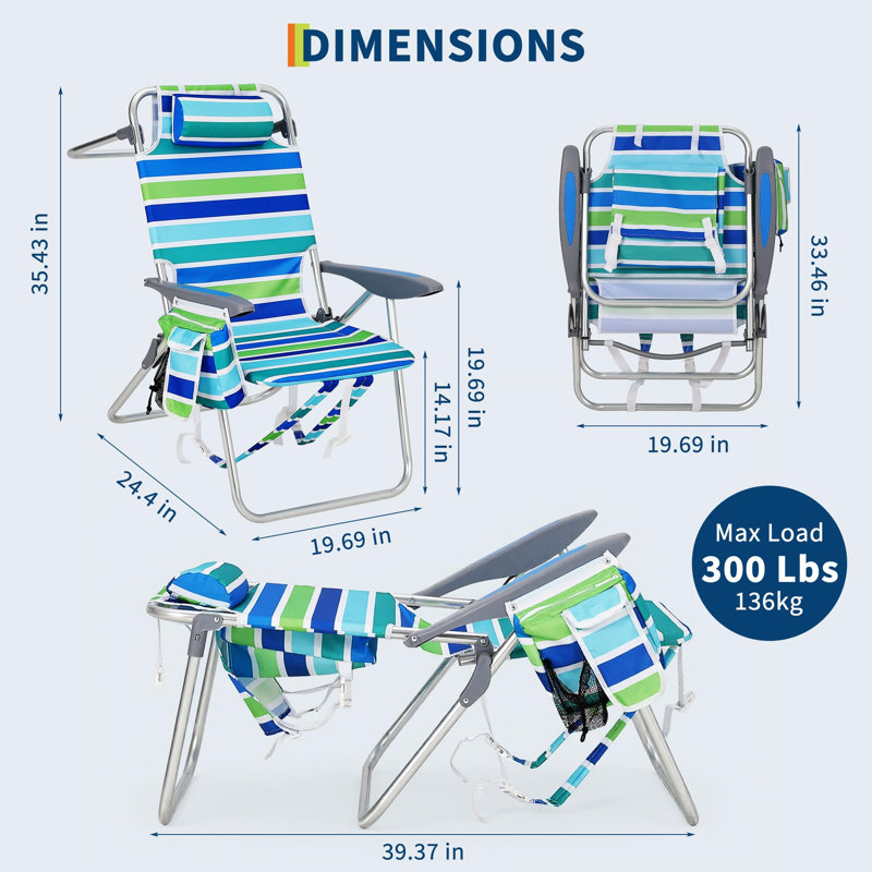 Ensemble de 2 chaises de plage mains libres avec sac isotherme et 5 sièges de sable inclinables à plat
