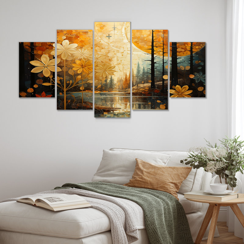 Collage rétro de rivière forêt d'automne coucher de soleil - rivière, art mural 5 pièces