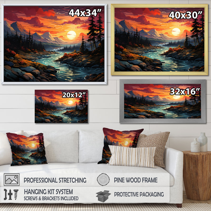 «Planets Sunset On Mountain II», reproduction sur toile, Encadrement doré, H 24 po x l 32 po x P 1 po