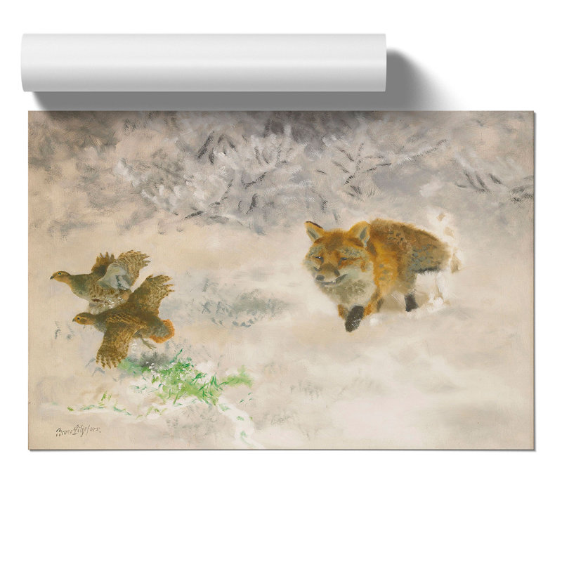 Fox Hunting Black Grouse by Bruno Liljefors - No Frame Painting, 30cm H x 42cm W x 0.1cm D