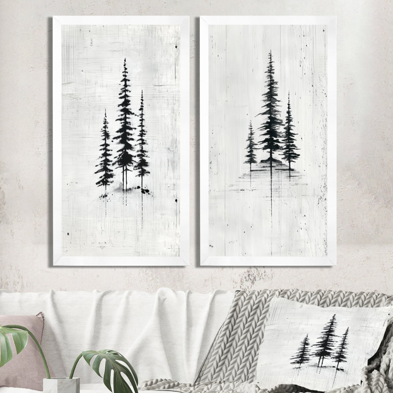 «Black Grey Winter White Pine Trees Forest», impression sur toile 2 pièces, H 32 po x l 32 po, Cadre naturel flottant