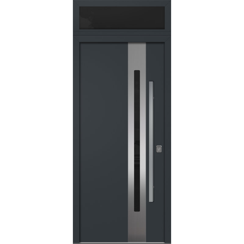 Porte d'entrée extérieure moderne en acier 36 po x 80 po - Inox s2 avec traverse, S'ouvre à gauche vers l'intérieur, Gris