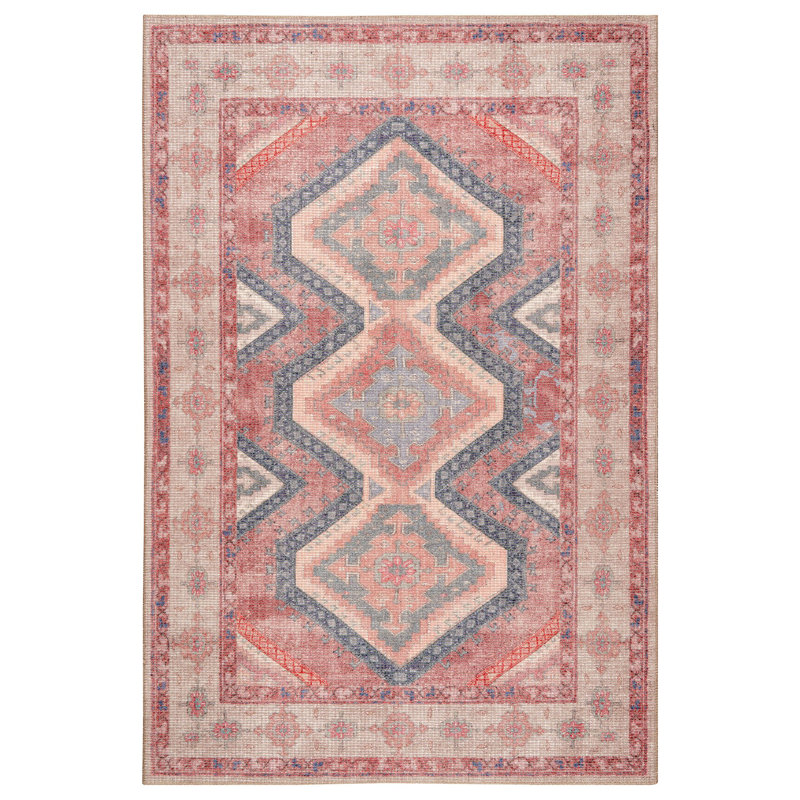 Machine Washable Southwestern Woven Area Rug in Red/Cream/Blue, Rectangle 3'9" x 5'6"
