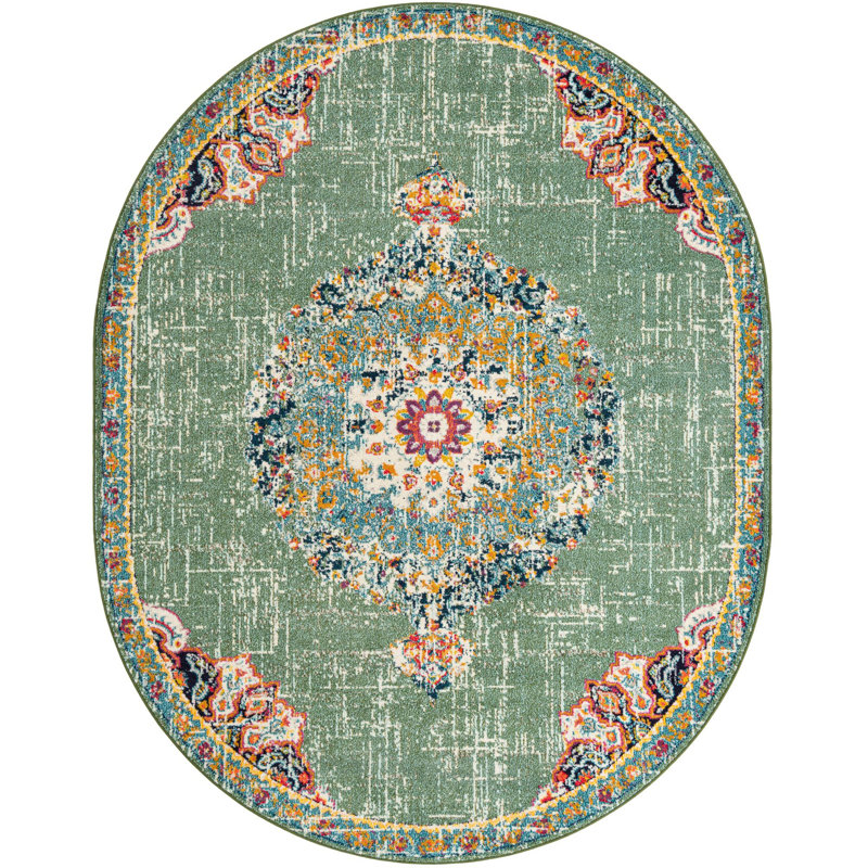 Tapis oriental vert / bleu / rouge en polypropylène tissé à la machine Pennylane, Ovale 7 pi 10 po x 10 pi