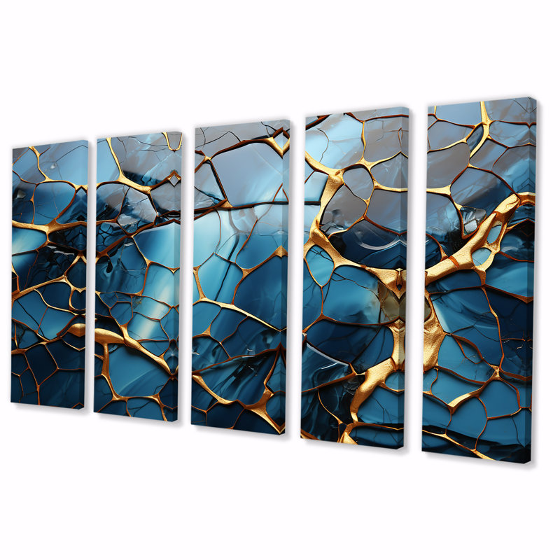 Or et mosaïque en marbre doré et agate I - art mural abstrait 5 pièces pour le salon, H 28 po x l 60 po