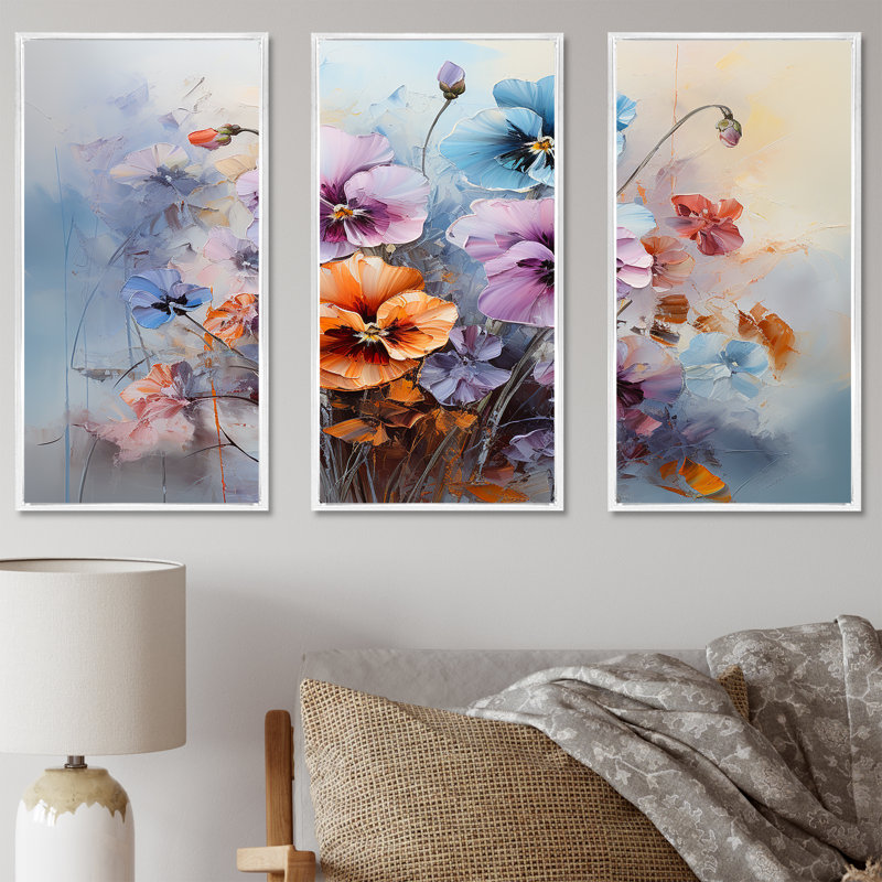 Ensemble de salon mauve Pensies mauves, Cadre flottant blanc, H 32 po x l 48 po x P 1 po