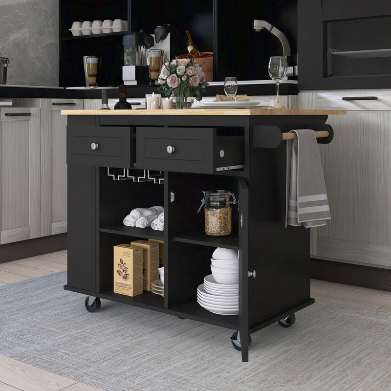 39.8" Rubber Wood Drop-Leaf Countertop Kitchen Cart With Open Storage And 5 Wheels, Black