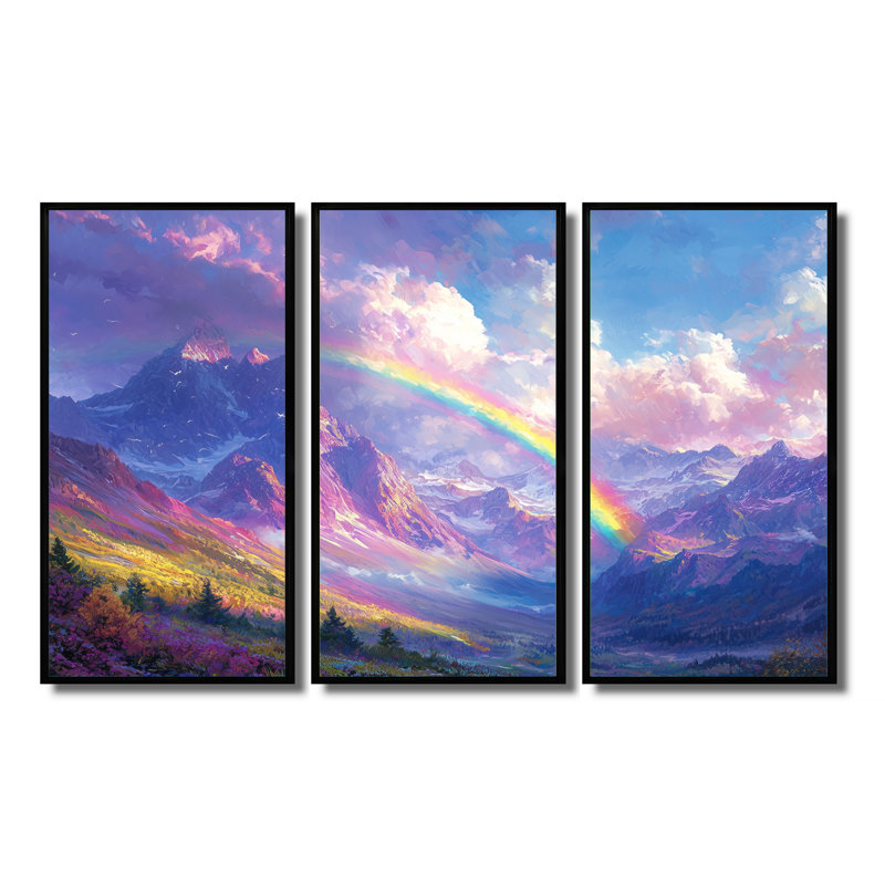 Arc-en-ciel dans les montagnes I - art mural arc-en-ciel - ensemble de 3, H 28 po x l 36 po, Noir