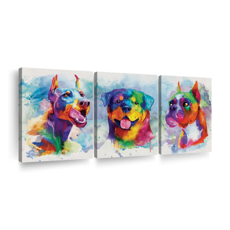 " Dogs Paint Splash Multi Piece Canvas Print " 3 - Pieces, 30" H x 62" W x 1.25" D