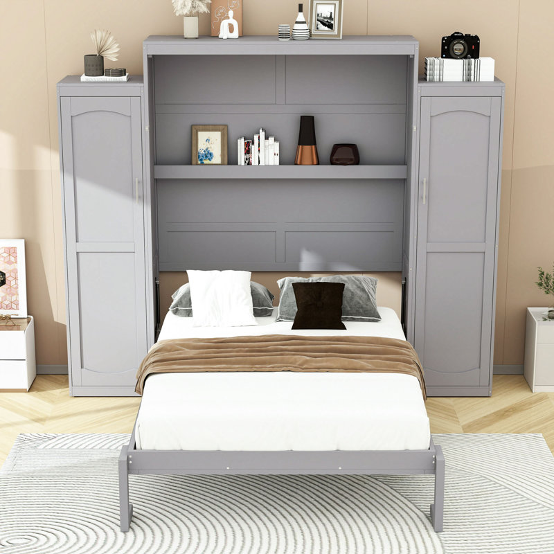 Lit escamotable avec armoires et tablettes Murphy, conception pliable multifonctionnelle, Gris, Grand lit