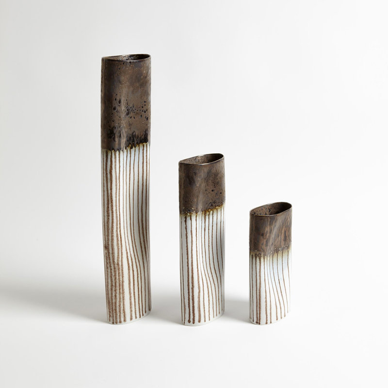 Reactive Bronze Stripe Oval Vase, 12.75" H x 4.75" W x 2.5" D