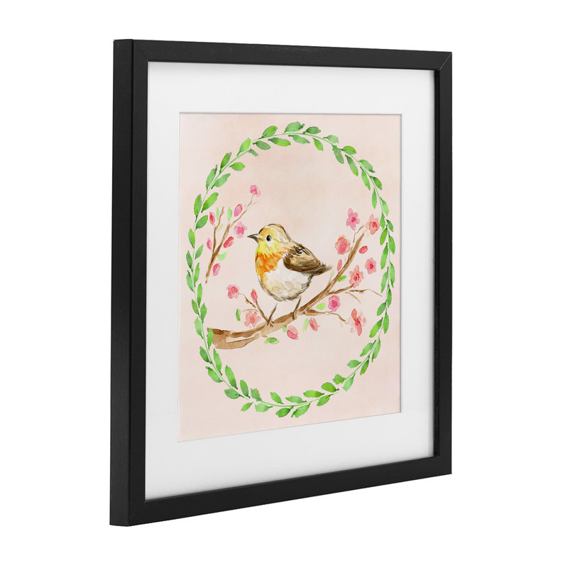 «Spring Wreaths Bird», reproduction sous verre encadrée, design par Elena Fay, H 13 po x l 13 po, Cadre noir minuit
