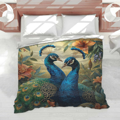Blue Peacocks With Flowers Comforter