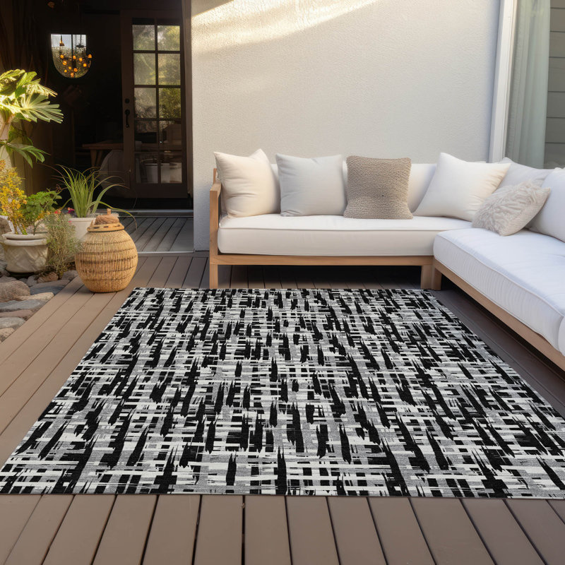 Black and Gray Synthetic Washable Rectangular Area Rug