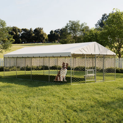 20x10 FT Large Outdoor Dog Kennel with Canopy, Heavy Duty Galvanized Steel Frame, Waterproof Cover, Built-in Elevated Feeding Bowls, Escape-Proof Lockable Pet Playpen for Large Dogs & Multiple Animal