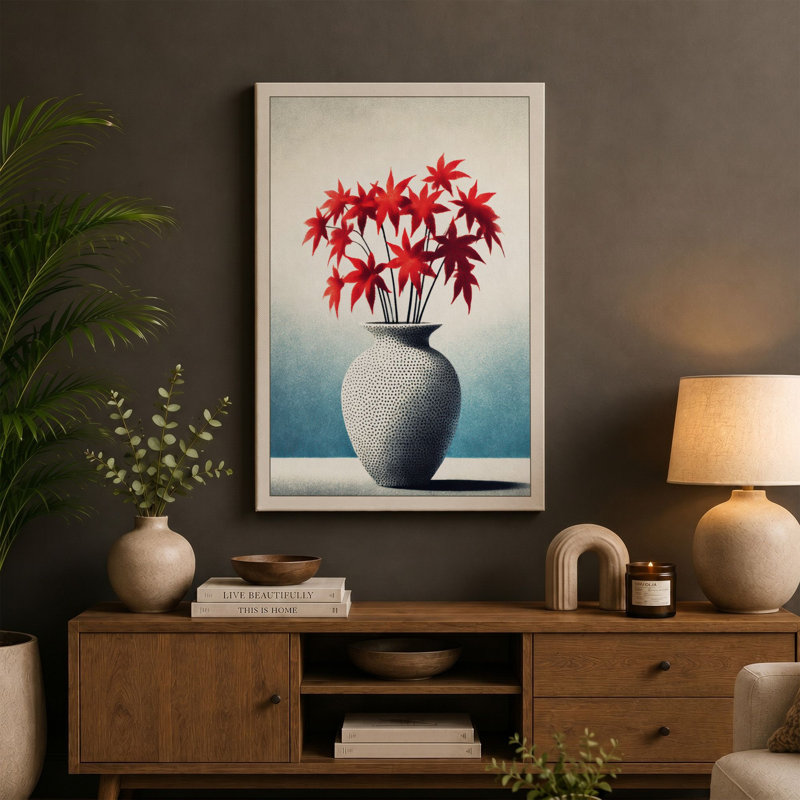 Maple Leaves In White Vase Botanical - Print, 24x16 - 61.0 x 40.6 cm, Black Border