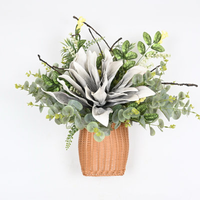 Artificial Farmhouse Spring Summer Protea Cynaroides Floral Arrangement With Basket For Front Door Wall Decor, Twig Blossoms Cluster Greenery Eucalyptus Foliage Faux Flower For Dining Table Centerpieces, Home Office Wedding Party Decor