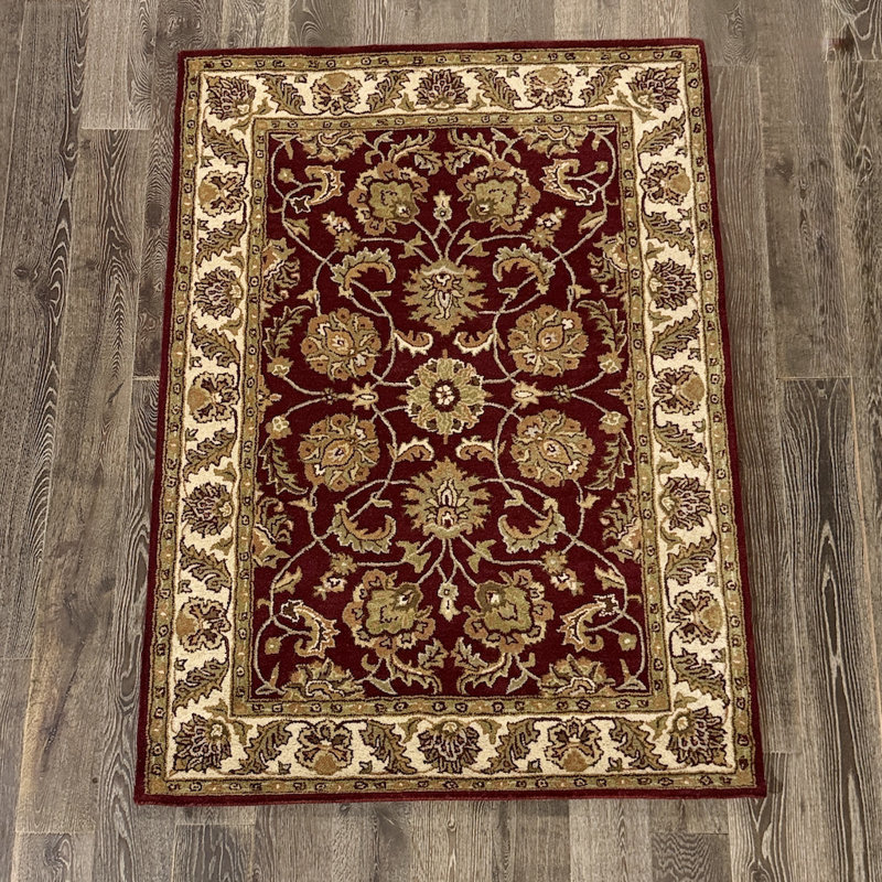Tapis floral traditionnel en laine touffeté à la main bourgogne, crème et sauge Bartz Authentic, Rectangle 5 pi x 7 pi