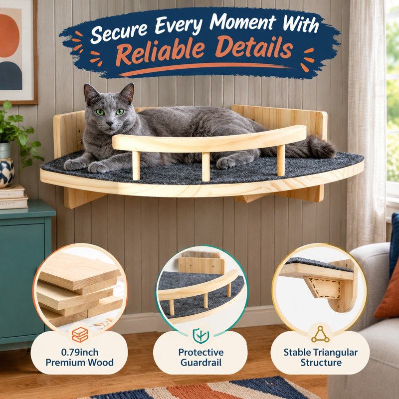 Étagère murale de coin en bois pour chat avec 3 plates-formes et tapis antidérapant ; système d'escalade mural robuste et stable pour chats jusqu'à 12 kg, facile à assembler