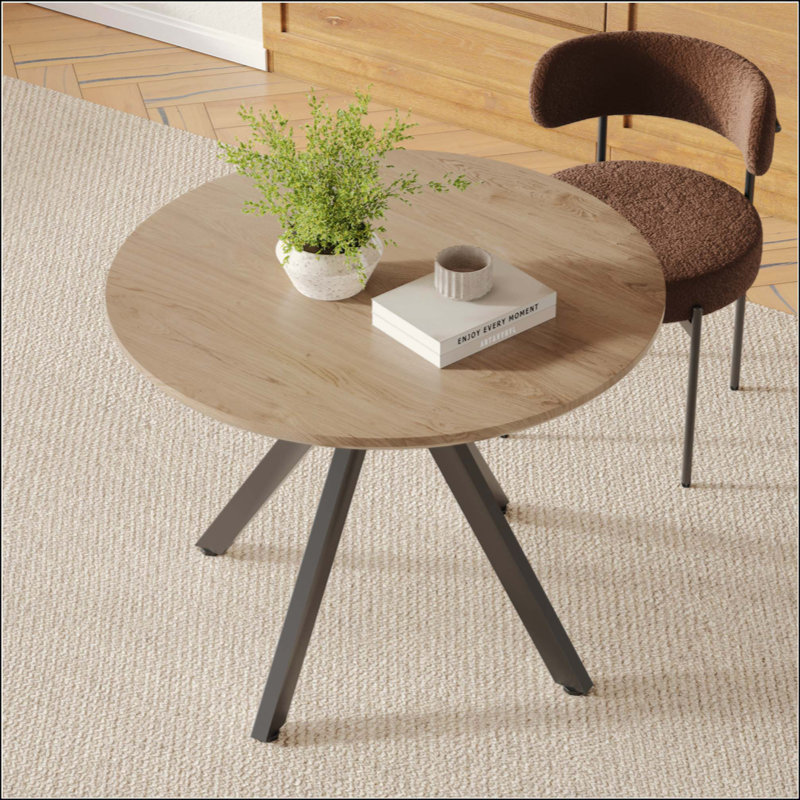 Table de salle à manger ronde en bois massif pour 4 à 6 personnes avec base piédestal entrecroisée, Brun, Noir