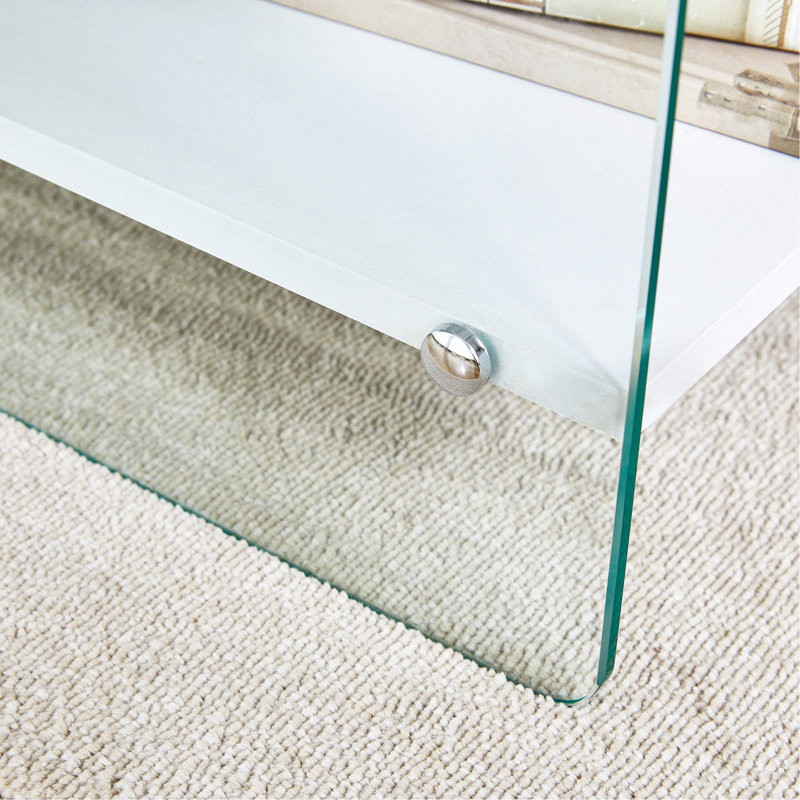 Table de chevet avec tiroirs. La surface de la planche est un autocollant en panneau de fibres à densité moyenne et les deux côtés sont en verre trempé transparent.