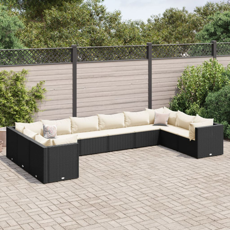  Patio Lounge Set Black PE Rattan, Powder-Coated Steel Modular, Black, Cream White