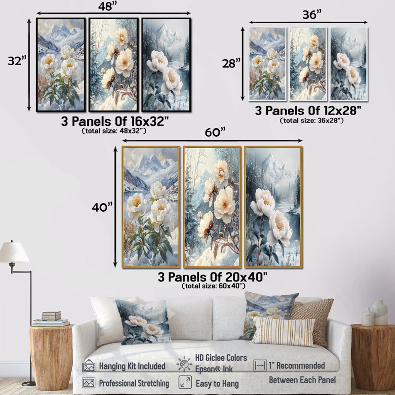 Pivoine enneigée dans la forêt I - Collection d'art mural grand pivoines, H 28 po x l 36 po, Toile tendue, Ne s’applique pas