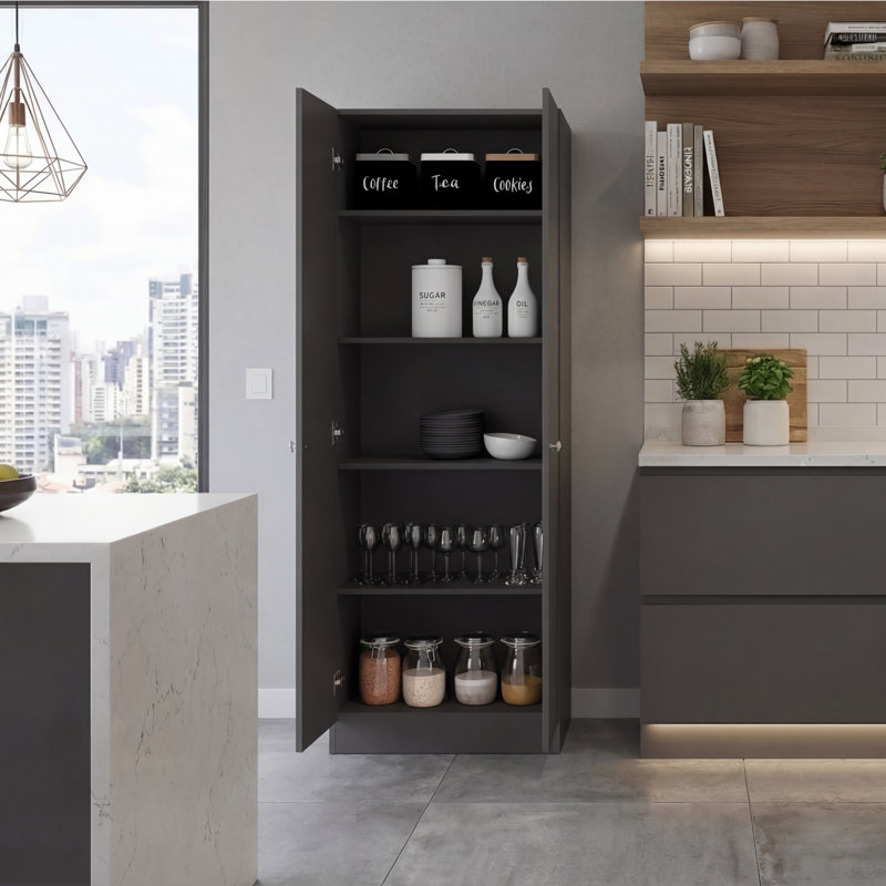 Plymoth Multistorage Pantry Cabinet with Five Storage Shelves And Two Doors, Kitchen Storage and Organization Solution, Black