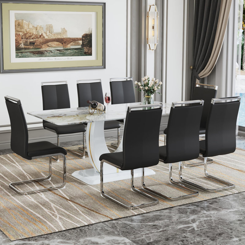 Ensemble de table de salle à manger 71 ", ensemble de table de salle à manger moderne avec base en U doré et chaises en similicuir