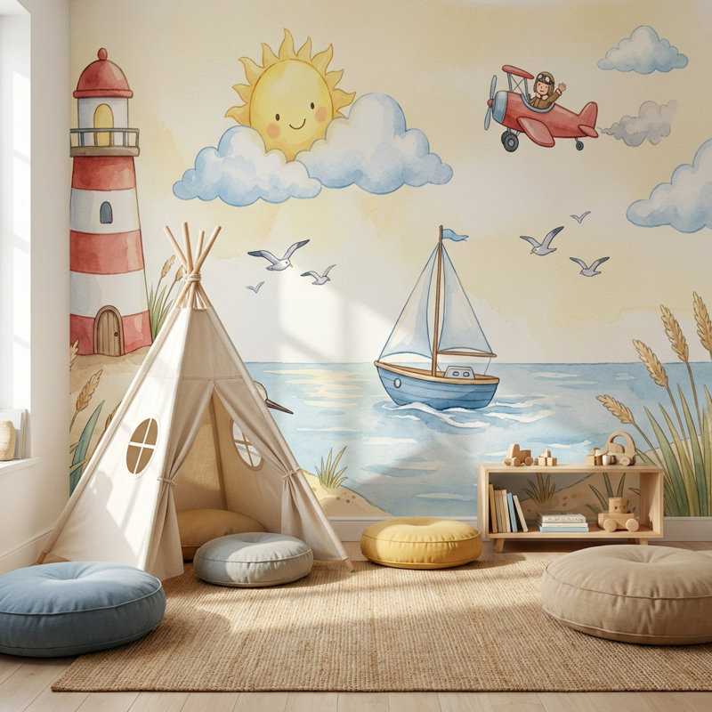 Papier peint fantaisiste de bord de mer, Non tissé non collé, 140" x 108"