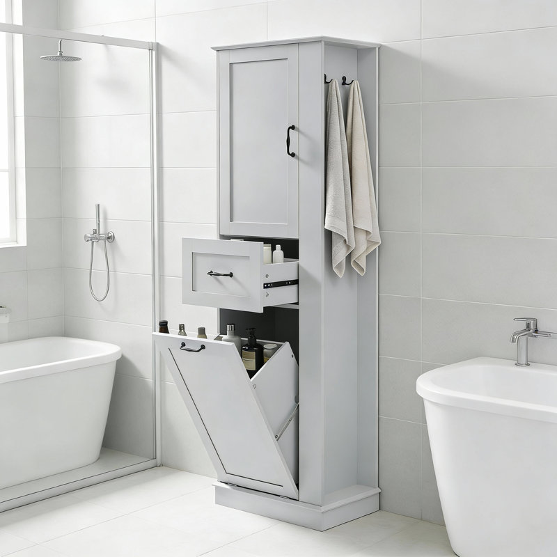 Grande armoire de rangement pour salle de bain avec tablettes réglables et panier à linge, Gris